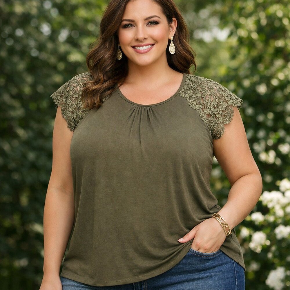 Lace Sleeve Blouse Plus Size Knit Top Lightweight Classic Olive Green 18/20